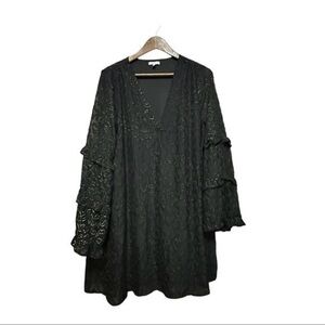Jodifl Black & Gold Sparkle cheetah Dress V Neck Ruffle Bell Sleeve Size Medium